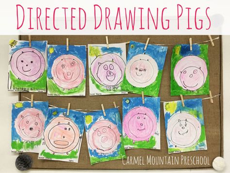 Directed Drawing Pigs - Carmel Mountain Preschool 3 Little Pigs Craft Preschool, 3 Little Pigs Activities, Fairy Tales Preschool, Farm Theme Preschool, Pig Crafts, Farm Preschool, Kindergarten Art Projects, Pig Drawing, Directed Drawing