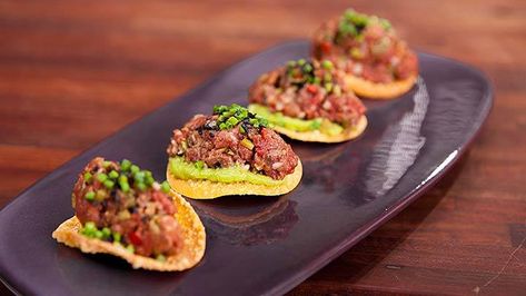 Crispy Wontons, Avocado Puree, Salt Beef, Tartare Recipe, Justine Schofield, Wedding Food Display, Beef Appetizers, Beef Tartare, Canapes Recipes