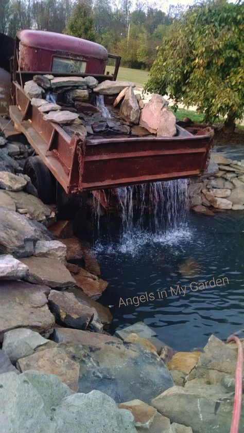 Old Truck Waterfall Pond, Boat Pond Ideas, Truck Fountain, Truck Waterfall, Backyard Ponds And Waterfalls, Man Made Pond, Backyard Ideas On A Budget, Garden Pond Design, Outdoor Water Feature