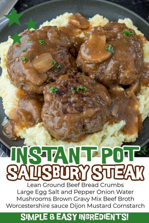 Instant Pot Salisbury Steak is a delicious recipe that cooks easily in the pressure cooker. Serve over mashed potatoes for a delicious meal. It makes for a quick and easy weeknight dinner. This Instant Pot Salisbury Steak Recipe is a family favorite and loaded with flavor. The instant pot makes this recipe is so easy. #eatingonadime #instantpotsalisburysteak #salisburysteak Insta Pot Salsberry Steak, Instant Pot Salisbury Steak And Gravy, Salsbury Steak Recipe Easy Instant Pot, Salisbury Steak Recipe Instant Pot, Instapot Salisbury Steak, Instapot Salisbury Steak Recipe, Salsbury Steak Insta Pot, Instant Pot Salsberry Steak Recipe, Instant Pot Salisbury Steak Meatballs