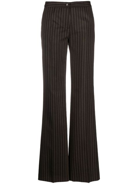 Flared Trousers Aesthetic, Pinstripe Trousers Outfit, Flared Trousers Outfit, Flared Slacks, Tailor Clothes, 6th Form Outfits, Wardrobe List, Striped Flare Pants, Brown Slacks