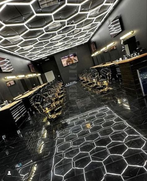 Discover Opulence: Studio Seg Dubai Barber Shop Interior Design #freelogo 💯 Barber Shop Garage Ideas, Barber Shop Lights, Cool Barbershop Design, Barber Shop Station Ideas, Barber Lighting Ideas, Barber Shop Interior Design Modern, Barber Shop Lighting Ideas, Barbershops Designs, Men's Barber Shop Decor