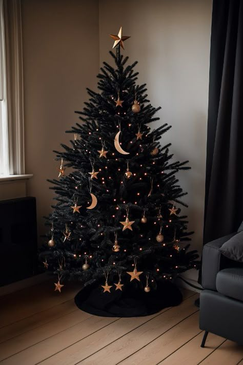 25 Black Christmas Tree Decorations: Stylish Ideas To Try Christmas Tree With Stars, Crow Christmas Tree, Black Ornaments Christmas Tree Ideas, Celestial Christmas Tree, Galaxy Christmas Tree, Christmas Tree White Lights, Black Theme Christmas, Witchy Christmas Decor, Spooky Christmas Tree