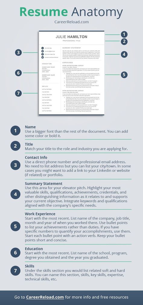 Resume anatomy. What to fill-in in each section of your resume. #ResumeHelp #ResumeWriting #JobSearch #Career #CVwriting Resume Skills List, Career Change Resume, Skills Resume, Career Building, Job Interview Preparation, Resume Advice, Chronological Resume, Functional Resume, Effective Resume