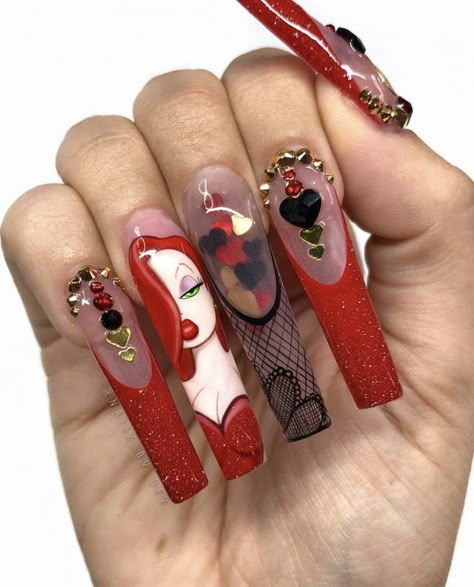 Jessica Rabbit Nails, Nail Art Dessin, Vday Nails, Cartoon Nails, Halloween Acrylic Nails, Diy Acrylic Nails, Cute Acrylic Nail Designs, Dope Nail Designs, Exotic Nails