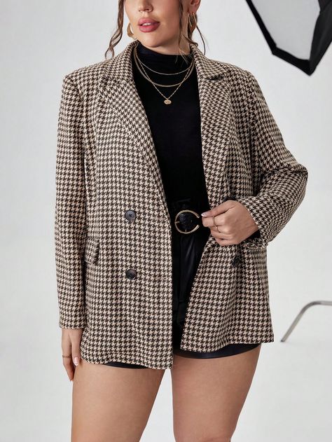 Coffee Brown Casual,Elegant Collar Long Sleeve Woven Fabric Houndstooth Regular Embellished Non-Stretch  Women Plus Clothing Blazer And Dress Outfit, Blazer And Dress, Plus Size Blazers, Brown Blazer, Houndstooth Blazer, Coffee Brown, Breasted Blazer, Work Clothes, Double Breasted Blazer