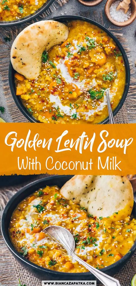 Golden Lentil, Lentil Dal Recipe, Indian Lentil Soup, Coconut Lentil Soup, Lentil Curry Recipes, Lentils Vegan, Curried Lentil Soup, Lentil Dal, Vegan Lentil Soup