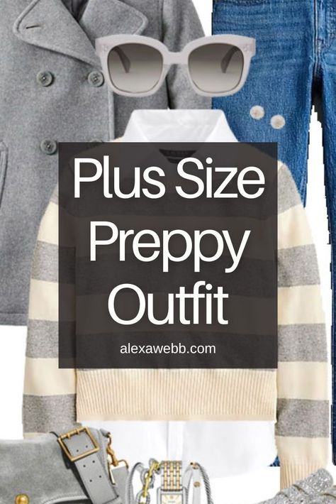 Plus Size Grey Striped Sweater Outfit - A plus size rugby stripe sweater with crystal embellished loafers. Alexa Webb Grey Striped Sweater Outfit, Sweater And Collared Shirt Outfit, Fall Preppy Outfits, Plus Size Preppy, Sweater Weather Outfits, Grey Peacoat, Striped Sweater Outfit, Alexa Webb, Rugby Stripe