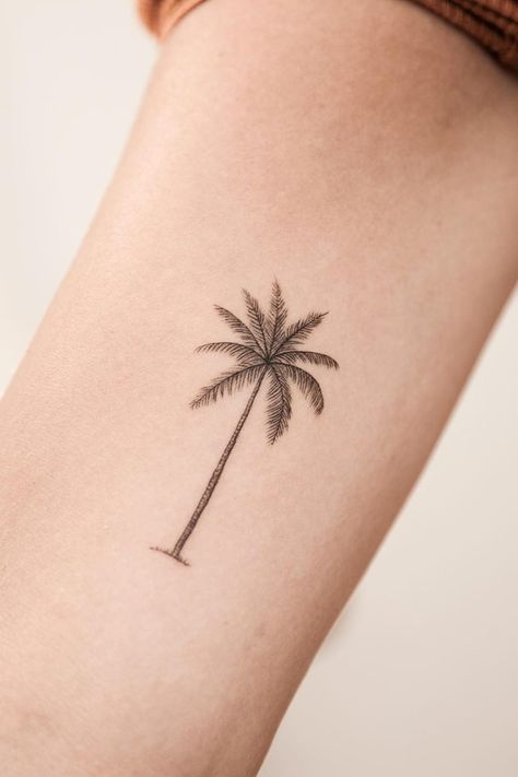 Delicate Palm Tree Tattoo, Coconut Tree Tattoo Minimalist, Palm Tree Leaf Tattoo, Minimalist Palm Tree Tattoo, Tiny Palm Tree Tattoo, Kids Tattoos For Moms, Palm Trees Tattoo, Kid Tattoos For Moms