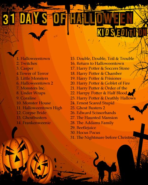 31 Days of Halloween Movies - Kids Edition ❤️ 31 Days Of Halloween Movies Disney, 31 Days Of Halloween Movies, 12 Days Of Halloween, Halloweentown High, Halloween Movies List, Halloween Poems, Halloween Playlist, Halloween Movie Night, Kids Movies