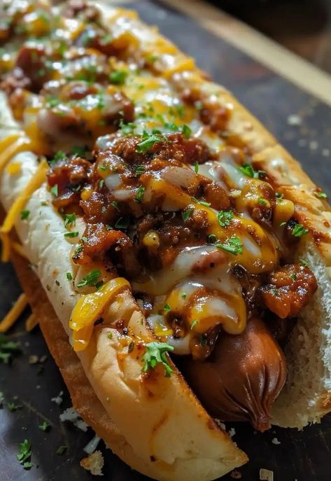 Junked Food Smothered Hot Dogs, Grilled Cheese Hot Dog Recipes, American Food Recipes Dinners, Chilli Dogs Recipe, Hot Dog Ideas, Hotdogs Recipes, Food Snack Ideas, Chili Cheese Dog Recipe, American Hot Dog