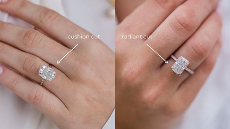 Cushion Cut vs Radiant Cut Diamonds | Diamond Buzz Radiant Vs Cushion Engagement Ring, Cushion Vs Radiant Diamond, Radiant Vs Elongated Cushion, Enlonged Cushion Cut, Radiant Vs Cushion, Elongated Cushion Vs Radiant, Types Of Diamond Cuts, Pave Band Engagement Ring, Radiant Diamond Rings