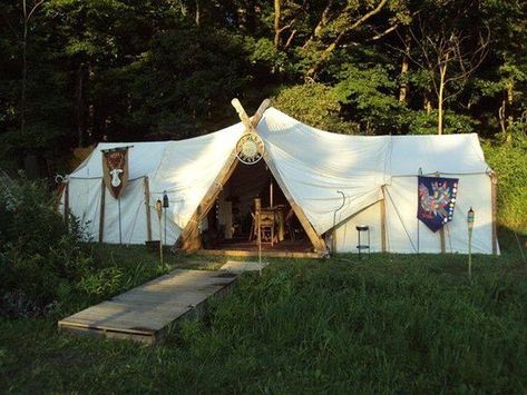 How to make a Viking style large tent using two wall tents. In the ... Viking Tent, Viking Camp, Tent Ideas, Zelt Camping, Camping Sauvage, Tent Living, Wall Tent, Large Tent, Family Tent Camping