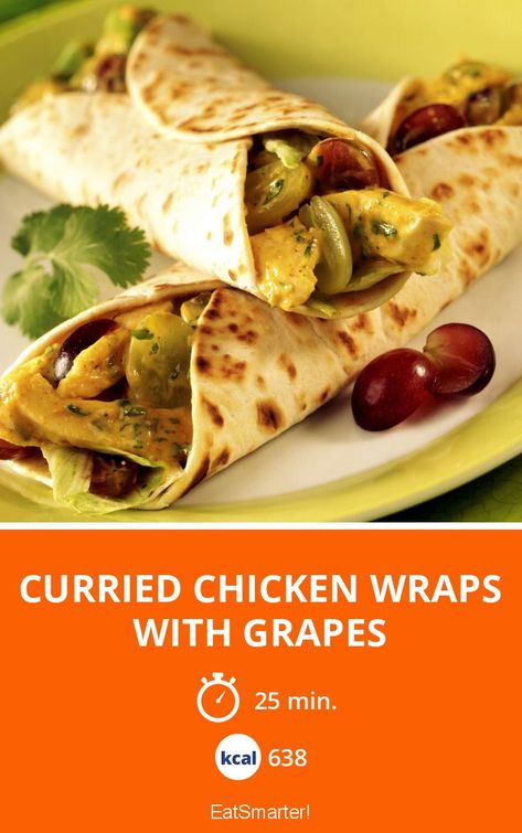 Curried Chicken Wraps with Grapes - 638 kcal - quick recipe - simple dish - A recipe idea by EAT SMARTER | Curry, Tortilla, wrap, Meal for Four, Quick, Eggs, Poultry, leafy green vegetable, Spices, Lunch, Dinner #chicken #recipes Meals For Four, Curried Chicken, Tortilla Wrap, Grape Recipes, Whole Wheat Tortillas, Asian Inspired Dishes, Dinner Chicken, Recipe Simple, Chicken Wraps