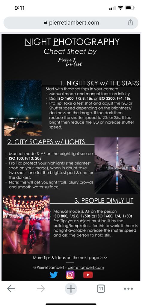 Setting cheat sheet Night Photography Settings Cheat Sheets, Night Photography Tips, Flash Photography Cheat Sheet, Night Time Camera Settings, Camera Manual Settings Cheat Sheets, Night Photography Settings, Photography Cheat Sheets Canon, Concert Photography Settings, Photography Posing Guide Cheat Sheets