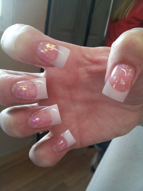 Tammy Taylor nail product with chunky glitter. Hand filed no drill used on nail plate. Pretty pink & whites...nails by Sandra Glitter Duck Nails, 2000s Duck Nails, Chunky French Tip Nails, Nails Square Medium, Chunky Nails, Tammy Taylor Nails, Glitter French Tips, Tammy Taylor, Me Core