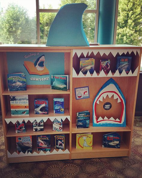 Ocean Library Display, New Book Display Ideas Library, Back To School Book Display, Library Displays Public, Shark Bulletin Board, Library Programs For Kids, Shark Photo Prop, Book Display Ideas Library, New Book Display