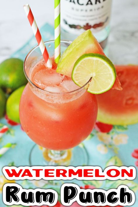 This Watermelon Rum Punch brings fruity flavor of fresh watermelon juice to a rum cocktail that you can enjoy all summer long. This easy and delicious tropical cocktail is guaranteed to be a hit at your next party. Watermelon Rum Punch, Watermelon Malibu Rum Drinks, Watermelon Rum Drink Recipes, Watermelon Juice Cocktail, Watermelon Mixed Drinks, Malibu Mixed Drinks, Green Punch Recipes, Acholic Drinks, Cocktails With Malibu Rum