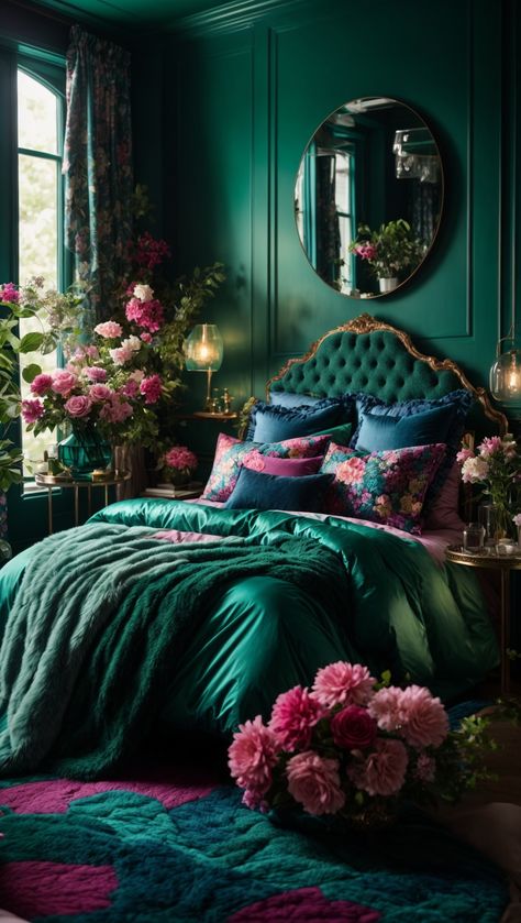 Emerald Green Wall Art: Inspiring Decorating Ideas for Every Room | Home Wall Art Decor Emerald Green Rooms, Pink And Teal Bedroom, Teal And Pink Bedroom, Emerald Green Bedrooms, Green Interior Decor, Green Headboard, Pink Bedroom Ideas, Teal Bedroom, Pink Bedrooms