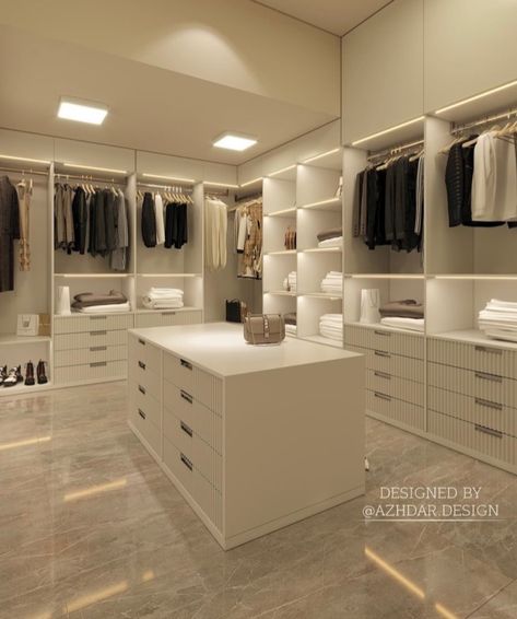 Dressing Room With Island, Dressing Room Island, Island With Drawers, Shoes In Closet, Closet Design Plans, Feel Photo, Walk In Wardrobe Design, Overhead Light, Walking Closet