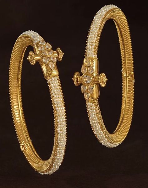 Pearl Kadas Indian Gold, Gold Pearl Bangles Indian Design, Pearl Bangles Indian Gold, Pearl Bangle Designs, Gold Kada Bangles, Pearls Bangles, Pearl Bangles Gold, Traditional Bangles, Pearl Earrings Designs