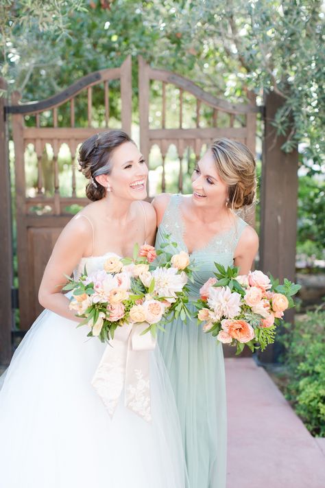 Peach And Mint Wedding, Sage Green And Coral Wedding, Mint Green Bridesmaids, Wedding Bridesmaid Bouquets, Mint Green Bridesmaid Dresses, Peach Bridesmaid Dresses, Succulent Bouquet Wedding, Peach Wedding Flowers, Mother Wedding