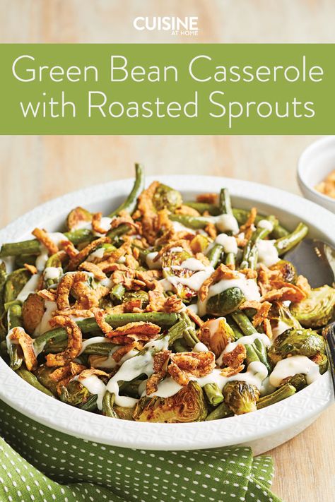 Roasted Brussels Sprouts & Green Bean Casserole Recipe Brussel Sprouts And Green Beans Recipes, Brussels Sprouts And Green Beans, Green Beans And Brussel Sprouts, Hotdish Recipes, Casserole Side Dishes, Roasted Sprouts, Creamy Parmesan Sauce, Thanksgiving 2023, Wax Beans