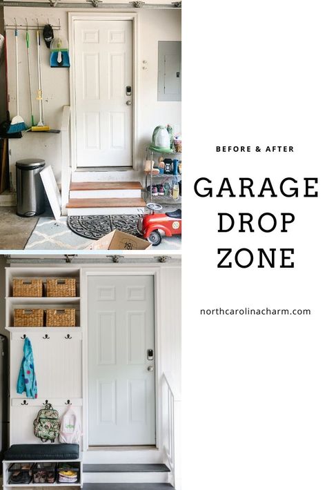 Small Mudroom Garage Entry, Entrance From Garage To House Decor, Garage Entry Drop Zone, Garage Mudroom Ideas Diy Small Spaces, Tiny Drop Zone, Garage Drop Zone Ideas Diy, Garage To Kitchen Entry, Drop Zone Small Space, Garage Entry Into Kitchen