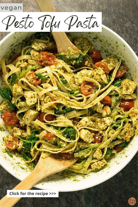 Flavor-packed vegan pesto tofu pasta is a total crowd pleaser and so easy to make! It's an easy and satisfying weeknight meal. Vegan Pesto Dishes, Pesto Tofu, Pesto Dishes, Tofu Pasta, Vegan Pesto Pasta, Pesto Pasta Recipes, Meatless Main Dishes, Vegan Pesto, Vegetarian Pasta