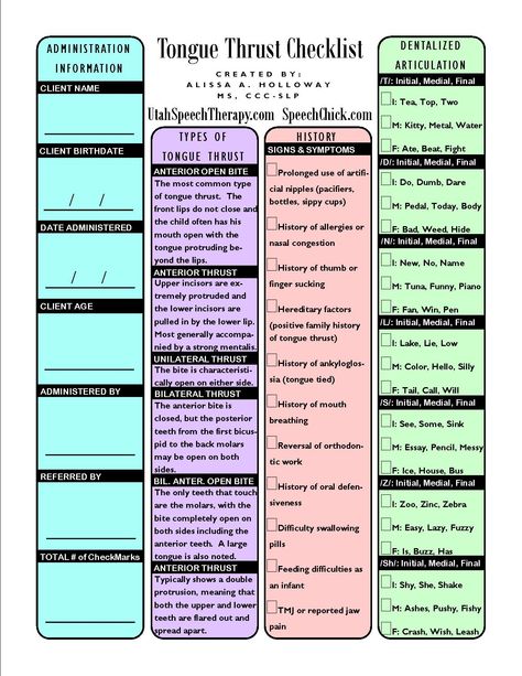 Tongue Thrust Checklist - pinned by @PediaStaff – Please Visit  ht.ly/63sNt for all our pediatric therapy pins Tongue Thrust, Myofunctional Therapy, Speech Articulation, School Speech Therapy, Slp Activities, Oral Motor, Slp Ideas, Articulation Therapy, Articulation Activities