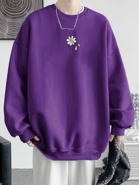 Purple Casual Collar Long Sleeve Fabric Floral Pullovers Embellished Slight Stretch  Men Hoodies & Sweatshirts Purple Mens Clothes, Purple Sweater Outfit Men, Purple Mens Outfits, Purple Outfits Men, Purple Sweater Outfit, Orange Sweater Outfit, Sweater Outfits Men, Purple Streetwear, Men Sweatshirts