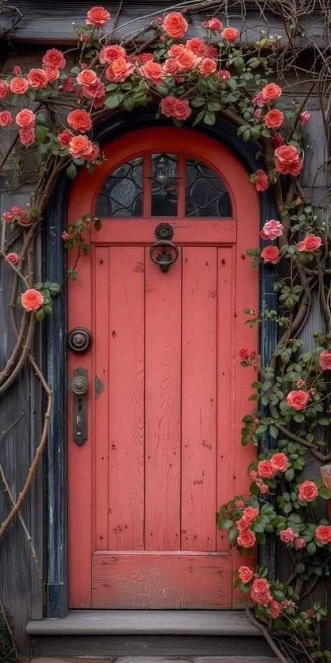 Spring Porch Decor, Orange Door, Chic Garden, Cool Doors, Front Entrance, Old Doors, Garden Doors, Red Door, Unique Doors