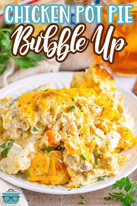 A white plate with a large serving of Chicken Pot Pie Bubble Up. Chicken Pot Pie Bubble Up Bake, Bubble Chicken Pot Pie, Bubble Up Chicken Casserole, Chicken Pot Pie Bubble Up, Chicken Bubble Up, Chicken Pot Pie Bubble Up Casserole, Bubble Up Chicken Pot Pie, Bubble Up Chicken, Foods Diabetics Should Avoid