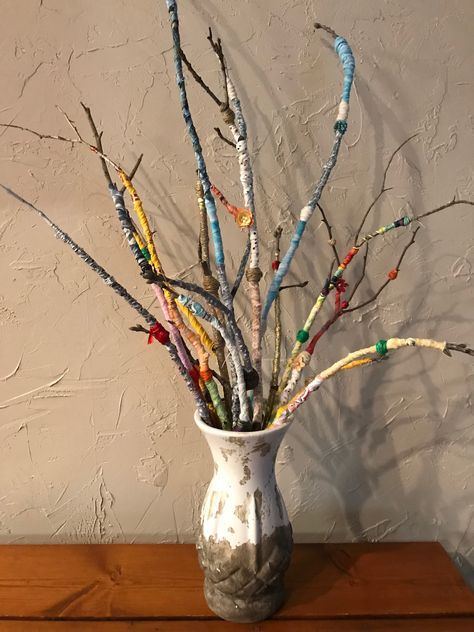 Some of my wrapped stick art! Wood Stick Art Craft Ideas, Fabric Wrapped Sticks, Decorating With Sticks Branches, Art With Sticks Tree Branches, Twig Art Diy Wall Hangings, Stick Art Branches, Art With Sticks, Sticks Decor, Stick Sculpture