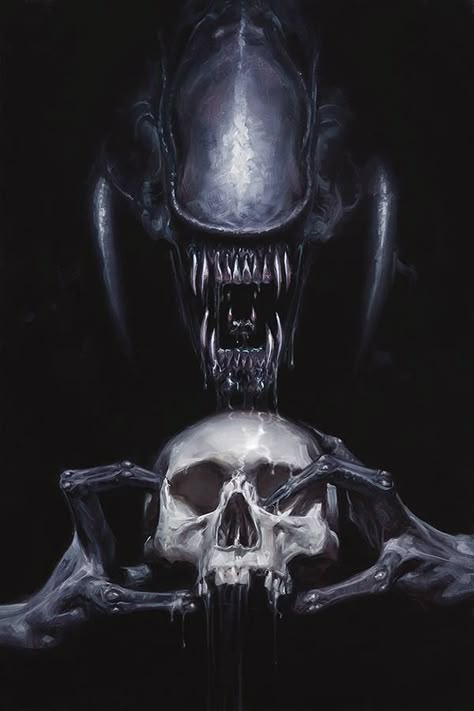 "My paintings seem to make the strongest impression on people who are, well, who are crazy,” Mr. Giger said in a 1979 interview with Starlog magazine. Xenomorph Art, Giger Alien, Giger Art, H.r. Giger, Alien Skull, Predator Movie, Aliens Vs Predator, Alien Xenomorph, Alien Artwork