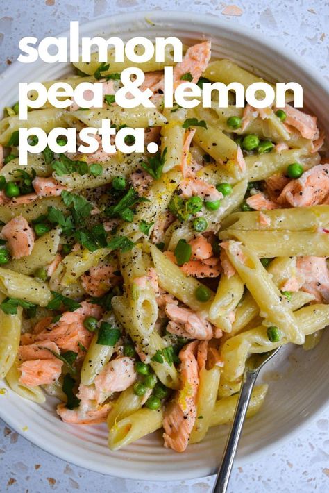 Peas Pasta Recipe, Fish And Pasta, Pasta Peas Recipe, Pea Pasta Recipe, Lemon Salmon Pasta, Pea Pasta, Creamed Salmon And Peas, Salmon And Peas, Salmon And Peas Pasta