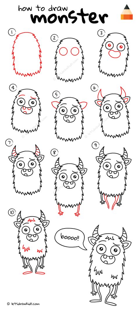 How To Draw a Monster for Halloween on http://www.letsdrawkids.com/ Drawing A Monster, How To Draw A Cute Monster, How To Draw Monsters Step By Step, Silly Monster Drawing, Simple Monster Drawing, How To Draw A Monster, Goth Glue, How To Draw Monsters, Draw A Monster