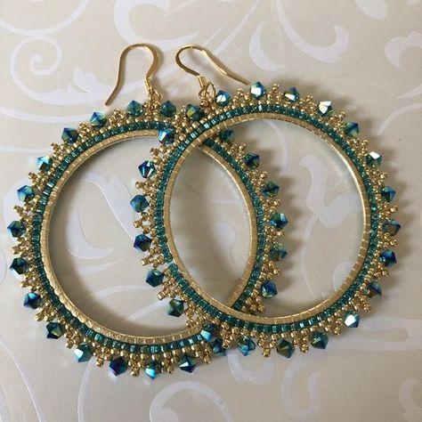 Large Aqua Crystal Seed Bead Hoop Earrings Beaded Jewelry Crystal Earrings Seed Bead Tutorials, Beaded Jewelry Earrings, Beaded Necklace Patterns, Bead Weaving Patterns, Necklace Patterns, Seed Bead Tutorial, Beaded Earrings Patterns, Large Crystal, Beaded Bracelet Patterns