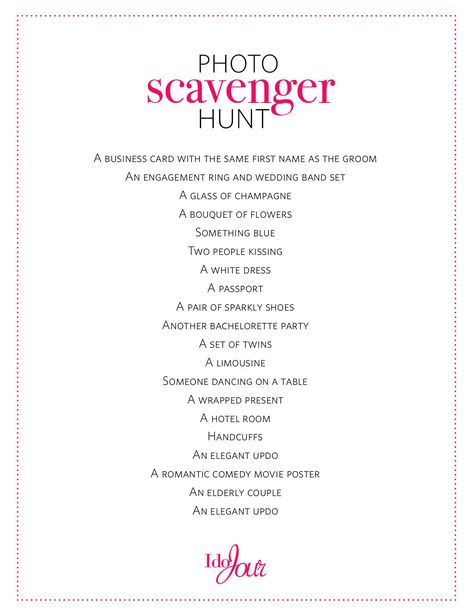 Photo Scavenger Hunt:  For the more adventurous party goers, try this wedding scavenger hunt: in teams of 2-4,  gals need to find the items on this list and take a picture of them.  The first team to complete the list gets a prize. Bachelorette Party Scavenger Hunt, Bachelorette Scavenger Hunt, Scavenger Hunt Ideas, Hen Night Ideas, Photo Scavenger Hunt, Hen Party Games, Awesome Bachelorette Party, Bridesmaid Duties, Bachelorette Party Planning