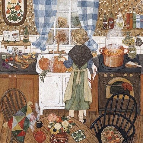 Cozy Drawings, Autumn Kitchen, Storybook Art, Mother Art, Autumn Illustration, Autumn Painting, Autumn Art, Children's Book Illustration, Book Illustration