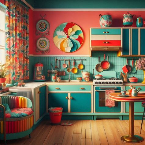 Retro Kitchen Decor Retro Kitchen Decor Ideas, Colorful Appliances, Modern Coastal Bathroom, Bright Room Colors, Best Wall Colors, Decorating Your Kitchen, Modern Paint Colors, Disney Minimalist, Vintage Inspired Kitchen