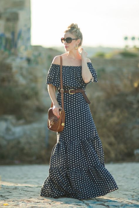 Vintage Romance: off-the-shoulder peasant maxi dress with braided leather belt, Brahmin vintage saddlebag, how to wear a peasant maxi dress Dress With Belt Outfit, Polkadot Outfit, How To Wear Belts, Have A Wonderful Evening, Romantic Nature, Braided Leather Belt, Dress Leather, Vintage Romance, Street Style Summer