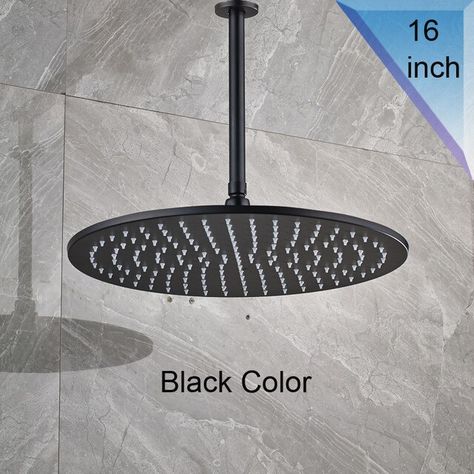 Ceiling Mounted Bathroom 16 inch Showerhead Black Round Bath Shower Faucet Head with Shower Arm Bathroom Accessory _ - AliExpress Mobile Rain Shower Head Ceiling, Bronze Shower Head, Ceiling Mounted Shower Head, Big Shower, Brass Shower Head, Round Bath, Luxurious Showers, Brass Ceiling, Bathroom Ceiling