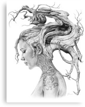 Contemplation Canvas Print Tattooed Woman, Twisted Tree, Portraiture Drawing, Nature Drawing, Abstract Tattoo, Wassily Kandinsky, Pencil Drawing, Art Sketchbook, Traditional Art