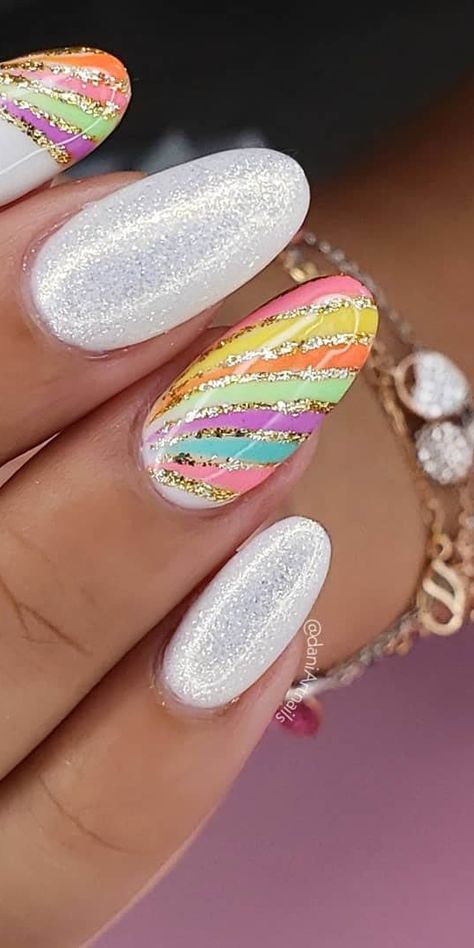 White Nails With Rainbow Designs, White And Rainbow Nails, Rainbow Gel Nails, Cute Rainbow Nails, Funky Nail Art Designs, Nail Art Rainbow, Rainbow Nail Art Designs, Summertime Nails, Pride Nails