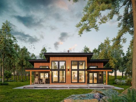 Stone Wood Glass House, Small Mountain Home Plans, Small Modern Cabin Plans, Modern Cottage Plans, Cabin Homes Small, Cabin Layout Floor Plans, Shanty House, Small Contemporary House Plans, Small Contemporary House