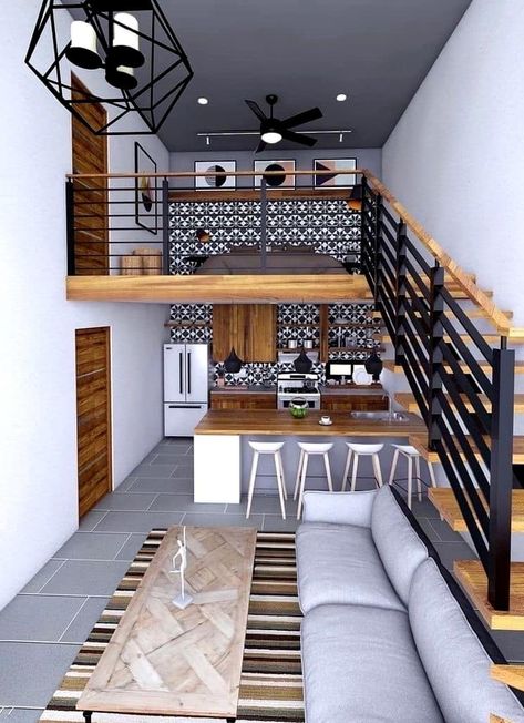 Mezanine Idea Small House, Loaf House Design, Mezanine Interior Design, Small Loft House Design, Mezanine Interior, Mezzanine House Design, Small Loft Apartments, Tiny Apartment Decorating, Loft House Design