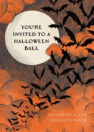 Customize 'Bat Storm' Halloween Invitation online and send via email, text message, or a shareable link. Instantly track deliveries and opens, and message recipients. Halloween Invitation Ideas, Storm Halloween, Witchy Party, Halloween Invites, Halloween Ephemera, Art Macabre, Halloween Party Invite, Stationary Ideas, Halloween Invite