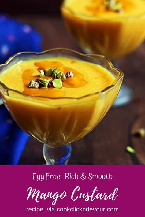 Mango custard recipe with video and step by step photos. An easy to make eggless mango custard recipe with fresh mango puree and vanilla flavored custard. You can prepare this easy custard in 15 minutes especially using store bought custard powder. Recipe via cookclickndevour.com #mangocustard #dessert #dessertrecipes #cookclickndevour Mango Custard Pudding, Recipes With Mango Puree, Indian Mango Dessert, Custard Powder Recipes Desserts, Mango Recipes Breakfast, Custard Flavors, Mango Custard Recipe, Custard Powder Recipes, Custard Dessert Recipes