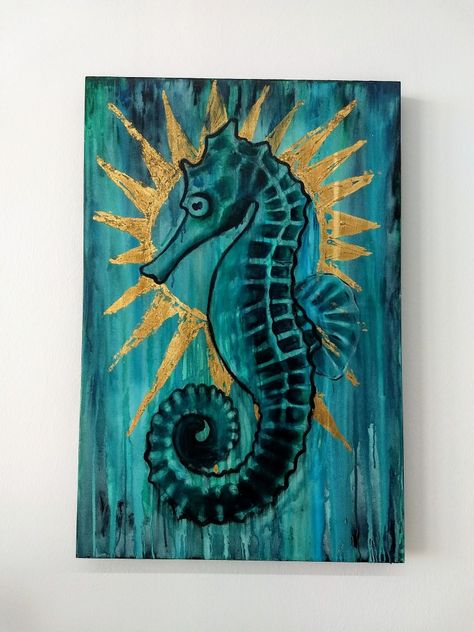 Sea Horse Painting, Seahorse Painting, Seahorse Art, Sea Life Art, Painting Canvases, Diy Things, Sea Horse, Sea Art, Beach Crafts